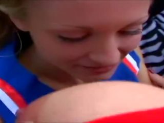 Blonde Cheerleader Sucks her young man Big Tits like A Hungry