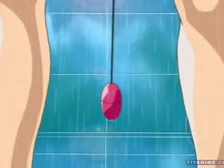 Enchanting little Anime cat daughter with fabulous titties plays with a vibrator in the shower and sucks Big dick