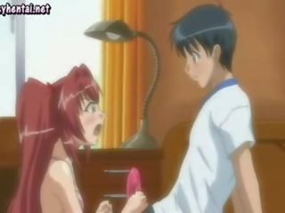 Big tited anime seductress jerking a member
